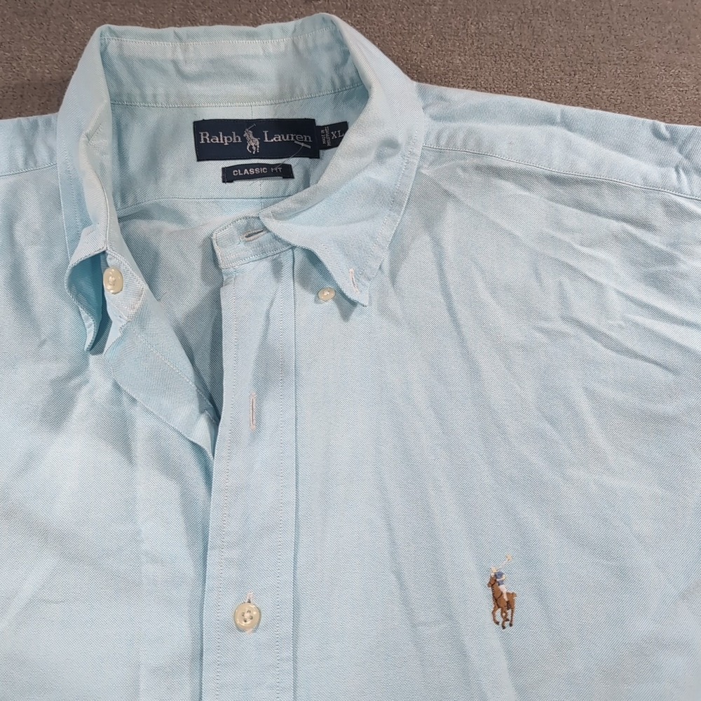 Ralph Lauren Button Shirt XLarge Classic Fit Blue Solid Pony Cotton Candy Blue‎